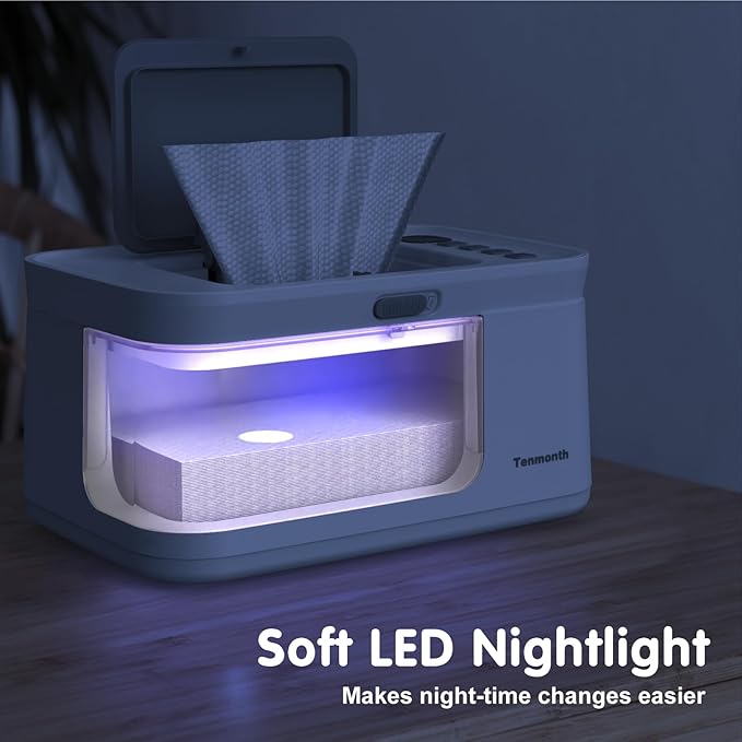 Baby Wipe Warmer Baby Wet Wipes Dispenser, Tenmonth Diaper Wipe Warmer with LED Light & Transparent Viewing Window, Adjustable 95℉-131℉, 1.5 Meter Plug Cord