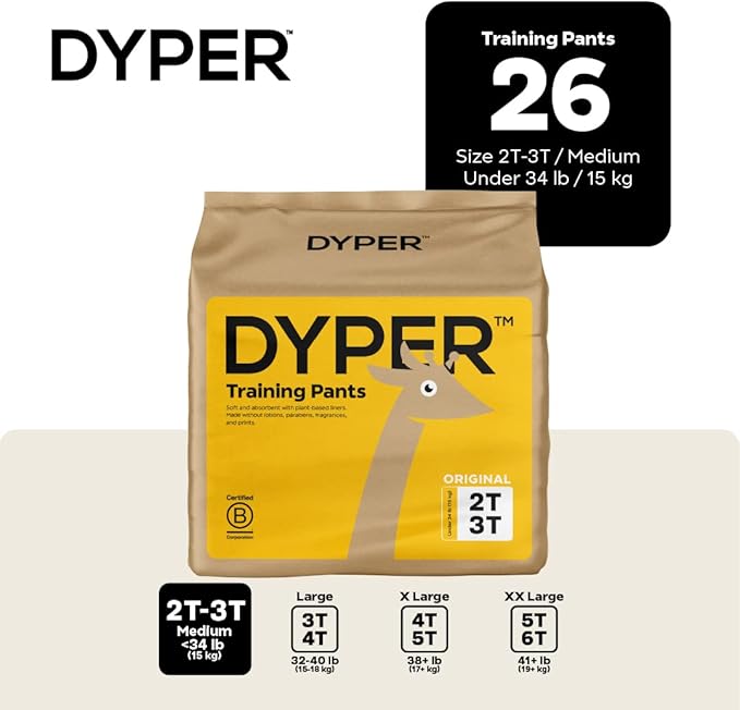 DYPER Toddler Potty Training Pants Girls & Boys, Honest Ingredients, Day & Overnight, Made with Plant-Based* Materials, Hypoallergenic for Sensitive Skin, Unscented (2T-3T (26 Pants))