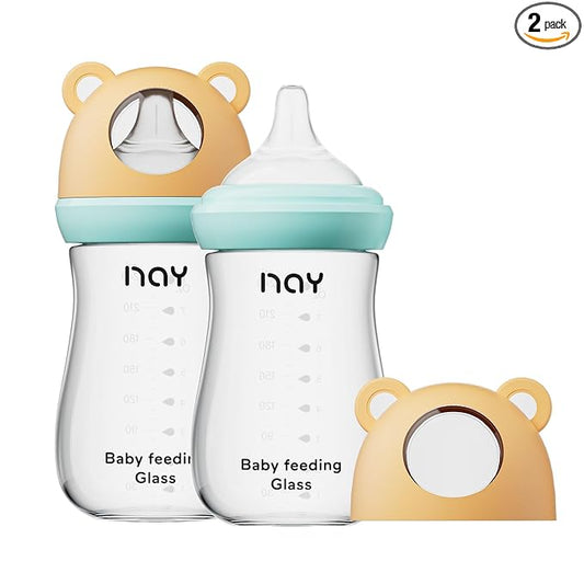 yanyoyo Natural Glass Baby Bottle for Breastfeeding Babies, 8oz Anti-Colic Baby Bottle with Natural Response Nipple(M), Clear, Wide Neck, 2 Pack, 3 Months+