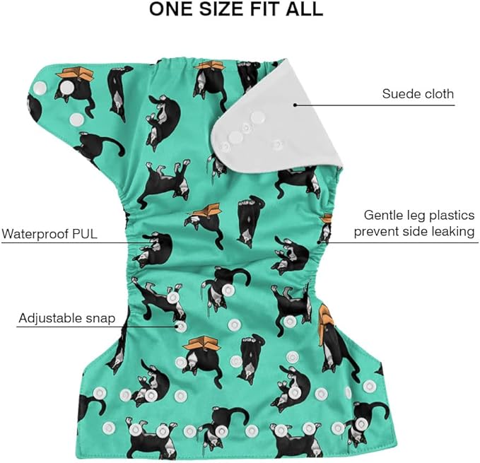 WIRESTER Baby Cloth Diaper One Size Adjustable Washable Reusable Cloth Pocket Diaper for Baby - Black White Tuxedo Cat Playful Postures