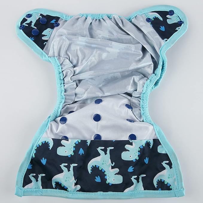 One Size Cloth Diaper Cover Snap With Double Gusset (Baby Dinosaur), One Fit All