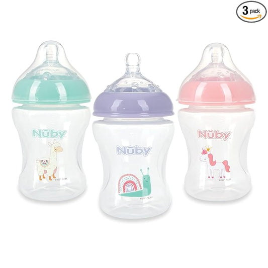 Nuby 3-Pack Infant Feeding Bottles with Slow Flow Breast Size Silicone Nipple: 0+ Months, 8oz, 3 Pack Set: Delicate Llama, Snail, Unicorn Prints