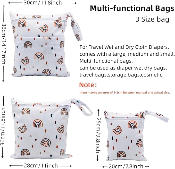 3pcs Cloth Diaper Wet Dry Bags Waterproof Reusable with Two Zippered Pockets Travel Beach Pool Daycare Soiled Baby Items Yoga Gym Bag for Swimsuits or Wet Clothes (rainbow)