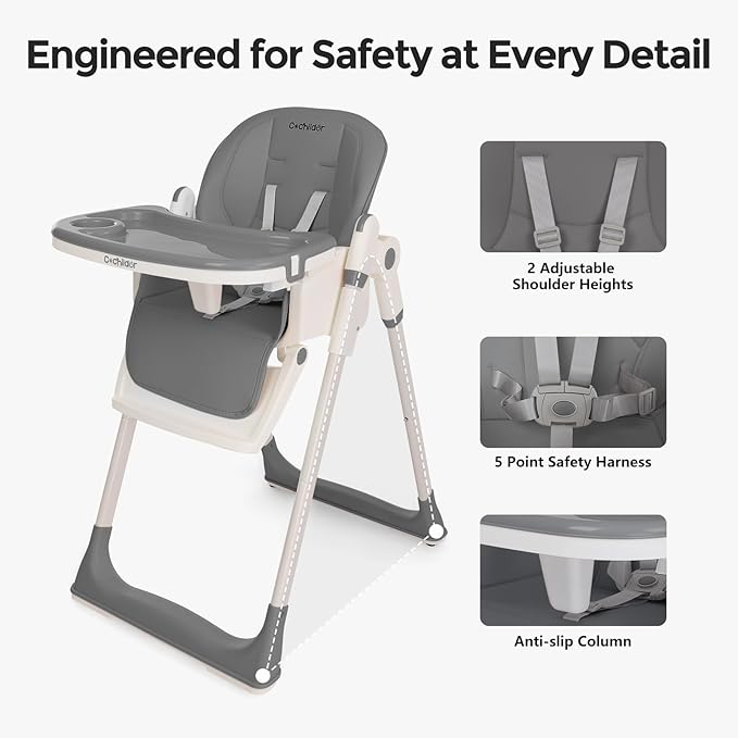 Cochildor 3-in-1 Foldable High Chair for Babies & Toddlers – Adjustable Height, Reclining Seat, 5-Point Safety Harness, Removable Tray, Lockable Wheels, Washable Cushion – Portable & Easy Clean, Gray