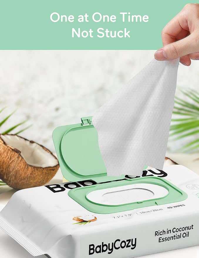 Baby Wipes, Cleansing & Moisturizing 2-in-1 Babycozy Sensitive, 100% Plant Fiber & Biodegradable, Hypoallergenic Baby Coconut Wipes Moisturize Every Cleanse, 240 count (6 pack)