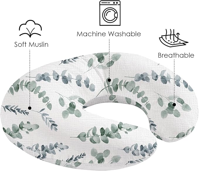 Little Grape Land Muslin Nursing Pillow Covers 2 Pack, 100% Cotton Removable Breastfeeding Pillow Covers, Feeding Pillow Slipcovers for Baby Boys & Girls, (Leaves & Green)