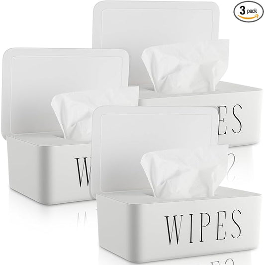 3 Pcs Large Baby Wipes Dispenser Refillable Wipe Holder with Lid Toilet Wipes Container for Bathroom Tissue Paper Storage Box for Home Office Cars (White,Small)