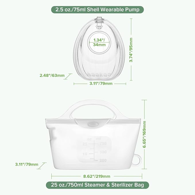 haakaa Wearable Silicone Breast Pump with Steriliser Bag, 2-in-1 Hands-Free Passive Breast Milk Catcher for Nursing Mom, Breastfeeding Essentials, 75ml Shell Pumps & 1 Steriliser Bag - Frosted
