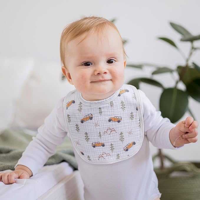 GLLQUEN BABY Muslin Drool Bibs for Boys Girls 6 Pack, Adjustable Baby Bibs for Drooling and Teething, Soft Cotton Baby Bandana Bib for Newborn Feeding Essentials (Cross-country Adventure)