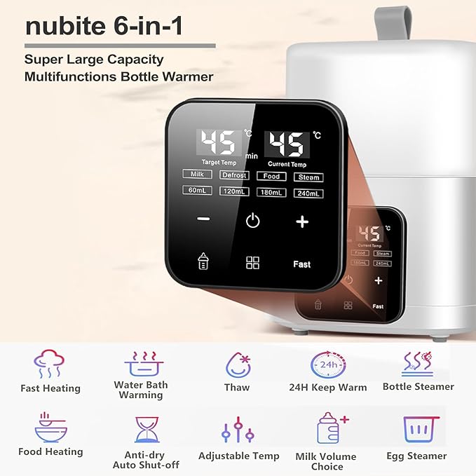 Baby Bottle Warmer for Twins: 6-in-1 Fast Breastmilk & Baby Food Heater, 48H Constant Temperature, Water Bath Heating, Universal Fit All Bottles & Jars, Super Large Capacity