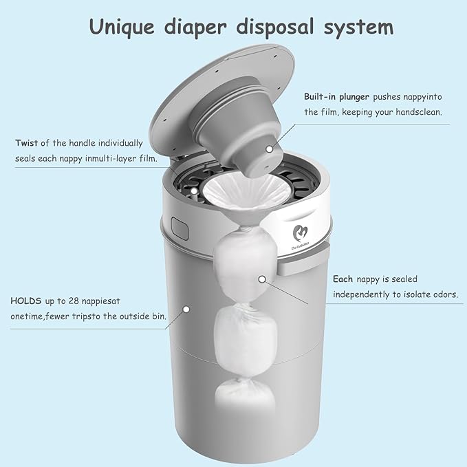 Bellababy Diaper Pail, Upgrade Baby Diaper Bin with Double Odor Locking, Includes 4 Refills (270 inches/pcs), Compact Design for Nursery,Gray
