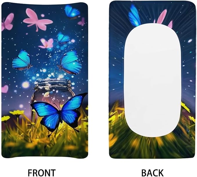 Heart Blue Butterfly Changing Pad Covers Waterproof Diaper Change Table Covers, Stretchy Change Sheet Fit for Most Change Pad Easy to Clean