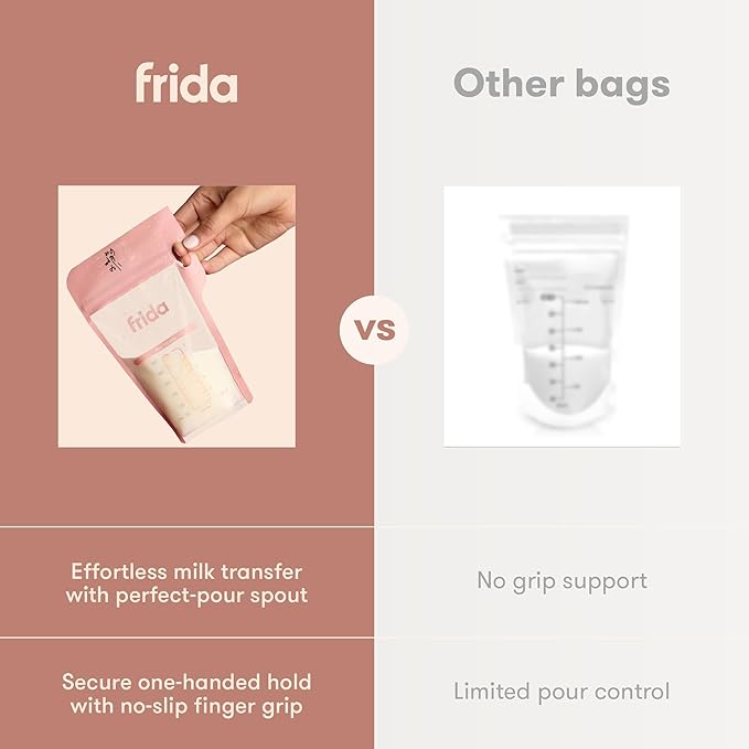 Frida Mom Breastmilk Storage Bags, 50ct Standard Freeze & Thaw Milk Bags for Breastmilk, Leakproof Seal, Perfect Pour Spout, Precise Portions, No Slip Finger Grip, BPA Free, 6oz Bag