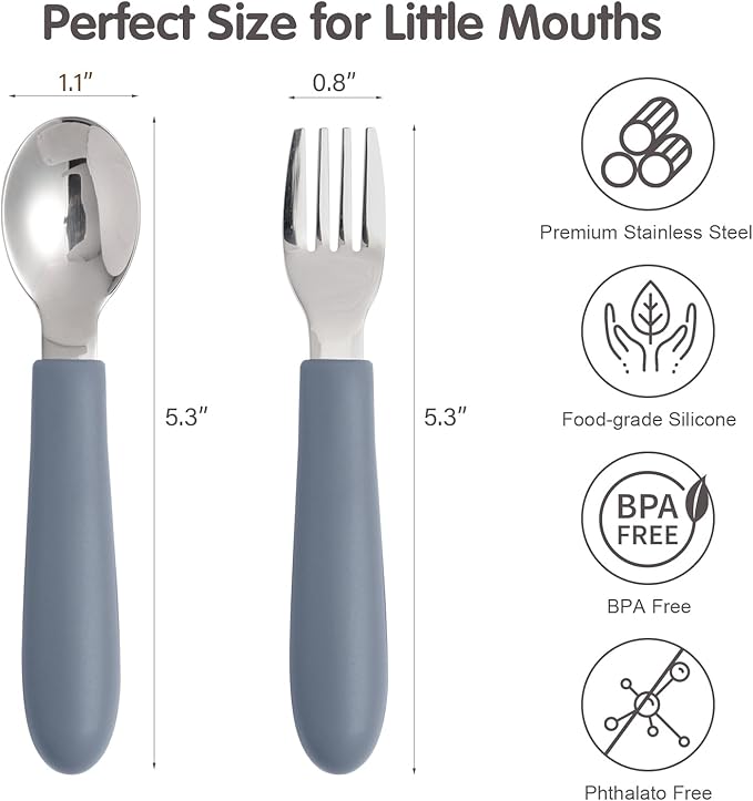 Eascrozn 6 Pack Toddler Utensils, Kids Silverware Set with Silicone Handle, Children Safe Forks and Spoons, 18/8 Stainless Steel, Food Grade Silicone Feeding Supplies, Dishwasher Safe