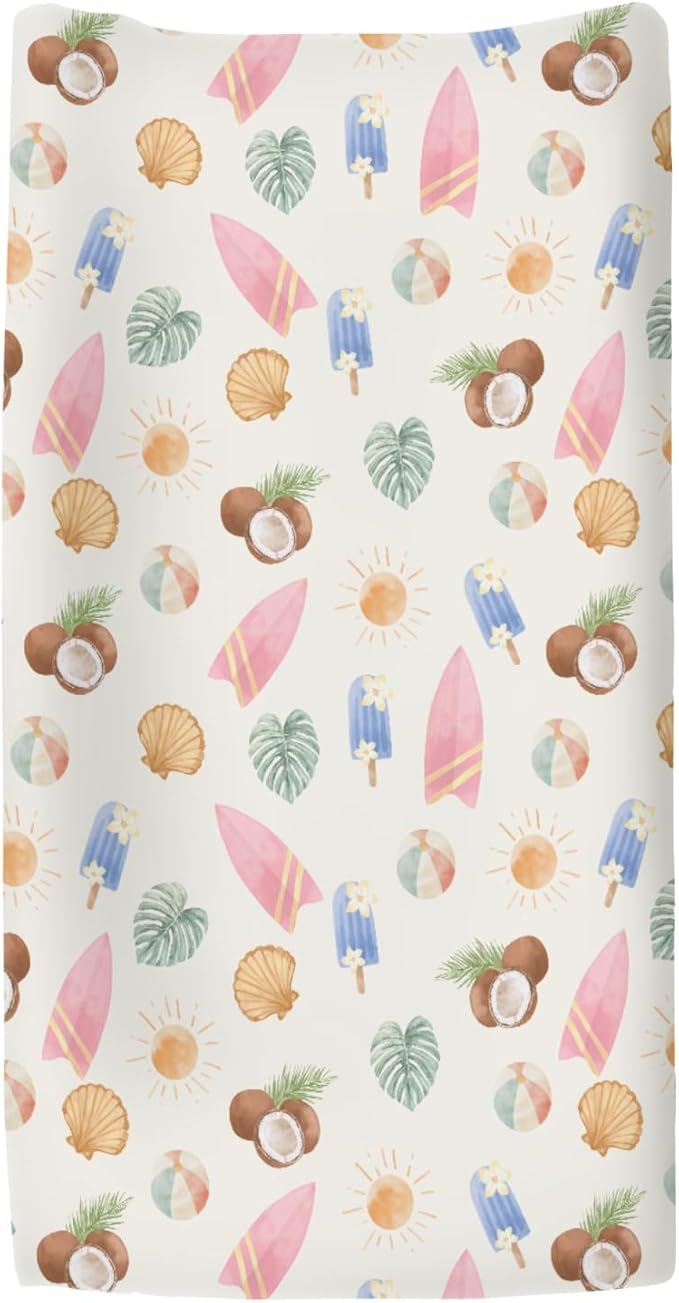 Neutral Summer Beach Changing Pad Covers for Baby Girls Boys Surfboard Coconut Seashells Sun Balls Fitted Change Table Pad Covers Mats Seaside Holiday Soft Diaper Changing Pad Sheets 32''×16''