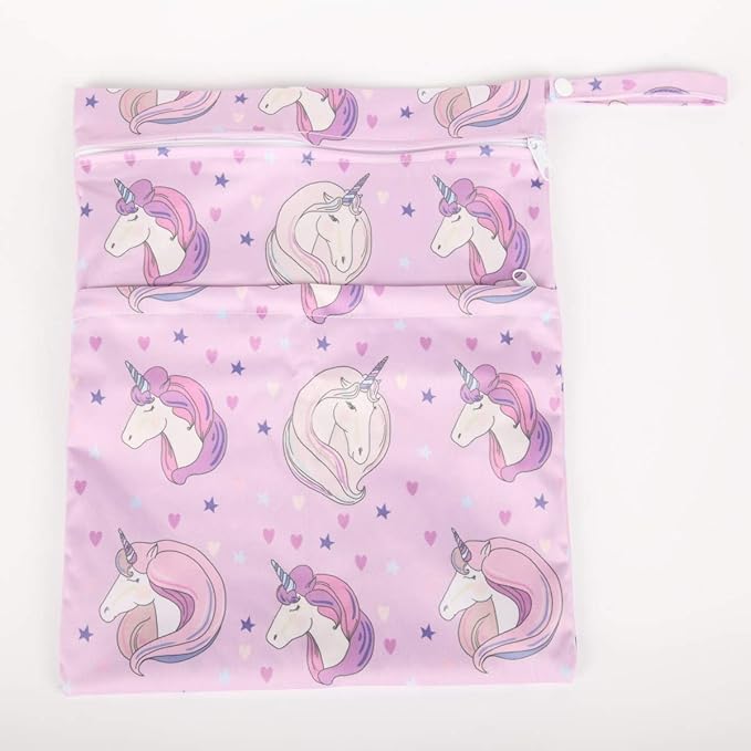 2 Wet Bags Reusable Diaper With Two Zippered Pockets For Girls (Flamingo and Horse)