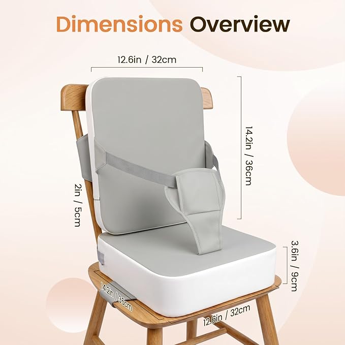 Booster Seat for Kitchen Chair, Toddler Booster Seat for Dining Table with Backrest and Adjustable Straps, Non-Slip High Back Booster Seat, Portable Travel Baby Booster Increasing Cushion, Gray White
