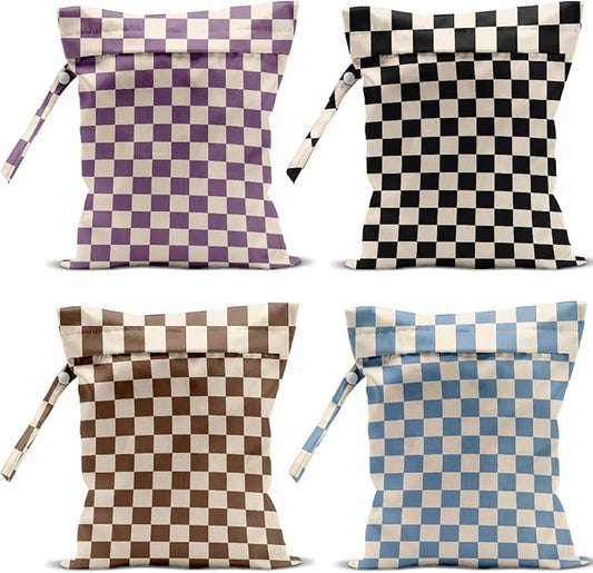 4 Pack Cute Wet Bag Waterproof Washable Reusable Wet Dry Bag for Swimsuit Clothes Cloth Diaper Travel Beach Pool Yoga Gym Party Camping Toiletries Travel Beach Essentials, Colorful Checkered