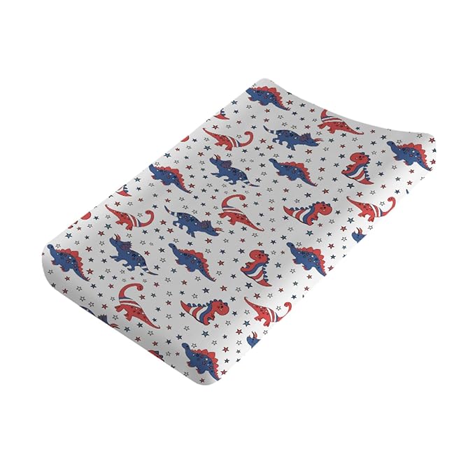 Patriotic Dinosaurs Baby Changing Pad Covers for Boy Girl 32''x16'' Cartoon Dinosaur American Flag Stars Unisex Fitted Diaper Changing Table Sheets Comfort Soft Breathable Baby Changing Table Mats