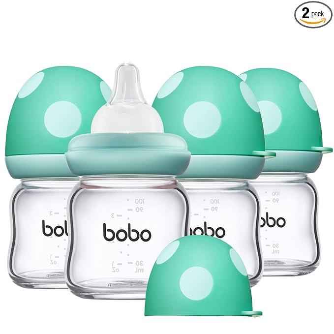 YOHKOH Natural Glass Baby Bottle with Level 1 Slow Flow Nipple, Newborn Anti-Colic Baby Bottles, Wide Neck Mushroom Baby Glass Bottle (3.4oz (Pack of 4), Blue)