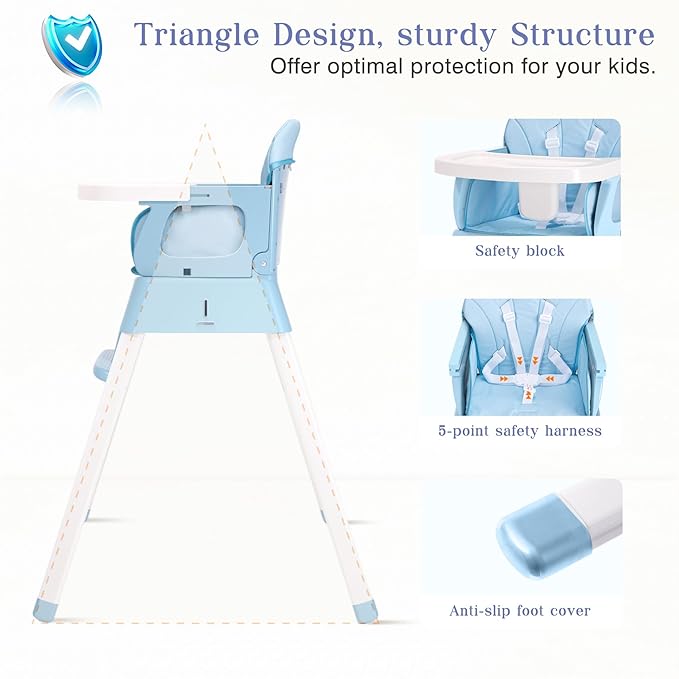 5 in 1 Foldable Baby High Chair,Convertible Highchair for Babies and Toddlers-Portable Infant Booster Seat,Carry Small Box,Dining Chair,Toddler High Chair with 5-Point Harness,Removable Tray-Blue