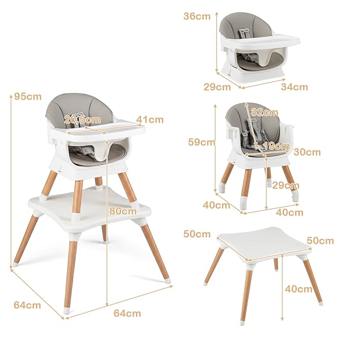 HONEY JOY 9-in-1 Baby High Chair, Convertible Wood Highchair for Babies and Toddlers/Dining Booster Seat/Table & Chair Set, Toddler Stool w/5-Point Safety Harness, Removable Cushion & Tray (Gray)