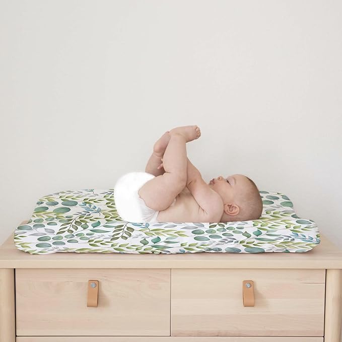 Boho Green Leaves Changing Pad Covers Watercolor Eucalyptus Leaves Diaper Change Table Pad Sheets for Baby Girls and Boys Soft Breathable Stretchy Snug Fitted Changing Mat Cover 32''x16''