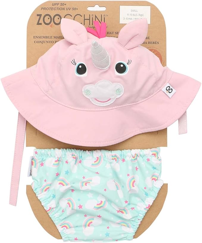 ZOOCCHINI Baby & Toddler Sun Hat & Reusable Swim Diaper Set, UPF 50+ Protection, Chlorine and Salt Water Resistant for Beach and Pool