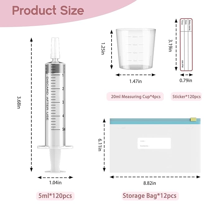 120 Sets 5ml Colostrum Collector Kit Include No Needle Colostrum Syringes with Caps 1mlx120, Stickerx120, 20ml Measuring Cupx4, Ziplock Storage Bagx12 for Breastmilk Collector