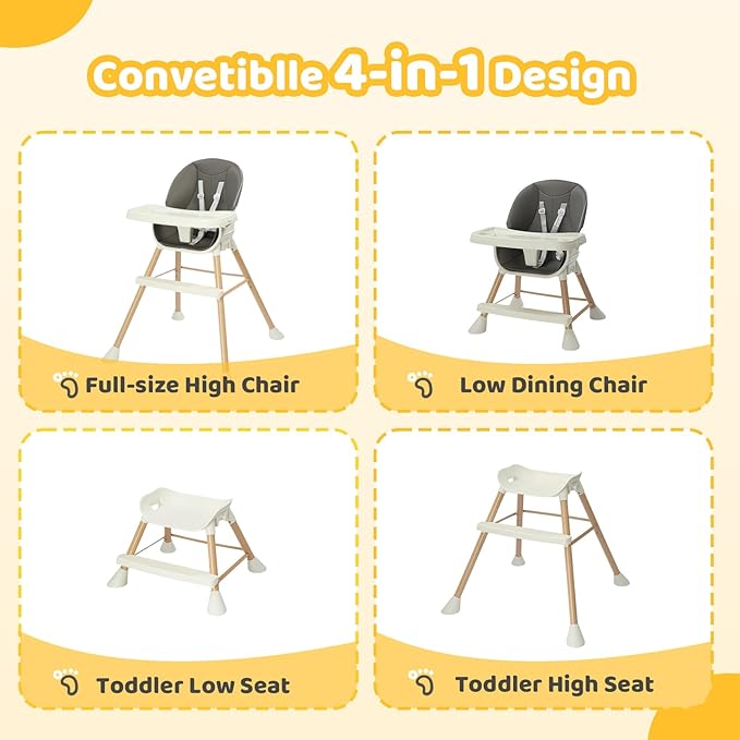 JOYMOR 5 in 1 Convertible Baby High Chair, Highchair for Babies and Toddlers, Easy Clean, Infant Highchair with Removable Double Tray & 5-Point Harness (Gray)
