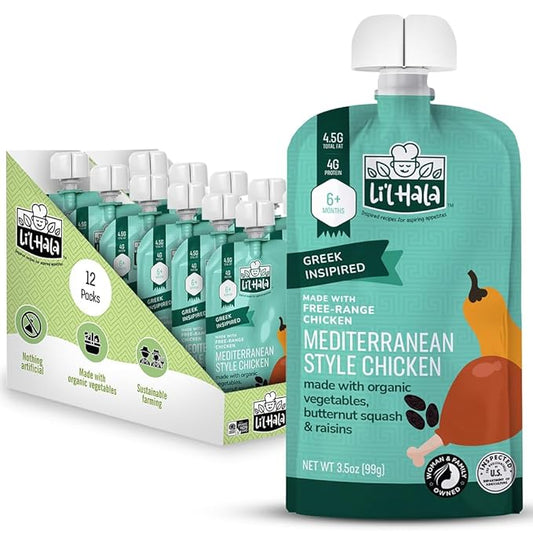 Li’l Hala Baby Food Chicken Pouch | Mediterranean (12ct) | 6+ Months Baby Food Pouches with Protein and Organic Veggies, Nutrient Packed Toddler Snacks with Iron & Fiber | Stage 2 Baby Food Meat Puree