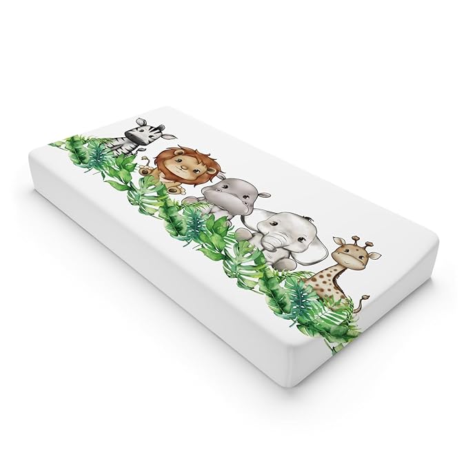 Baby Safari Animals Changing Pad Cover Cute Lion Elephant Giraffe Zebra Hippo Green Tropical Palm Leaves Change Table Pad Cover for Boys Girls Soft Stretch Fitted Diaper Changing Mat Sheets 32''x16''