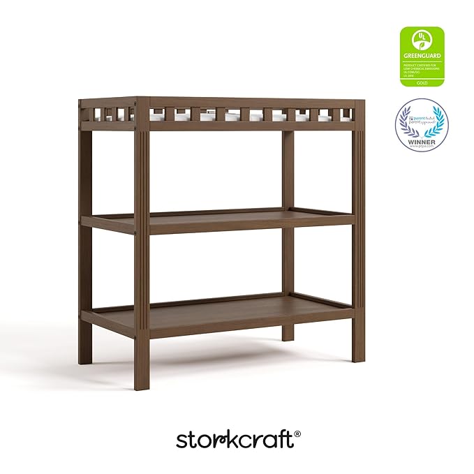 Storkcraft Morningside Changing Table (Hazelnut) – GREENGUARD Gold Certified Baby Changing Table, Includes Waterproof Diaper Changing Pad, Easy 30-Minute Assembly, 2 Open Shelves for Storage