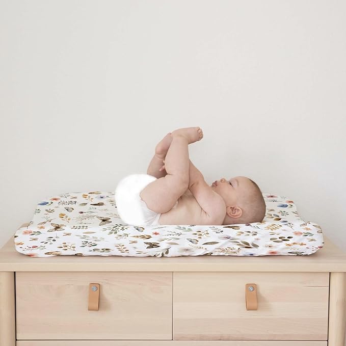 Retro Boho Floral Leaves Butterflies Changing Pad Cover Botanic Garden Spring Diaper Changing Table Sheets for Girl Boy Wild Plants Soft Breathable Stretchy Baby Changing Table Mats Sheets 32''x16''