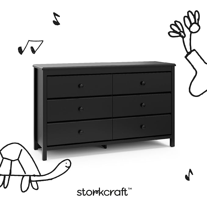 Storkcraft Alpine 6-Drawer Dresser (Black) – GREENGUARD Gold Certified, Black Dresser for Bedroom, Kids & Nursery Storage Drawers, Safety Interlocking Drawers, Pre-Installed Tracks, Kids Bedroom