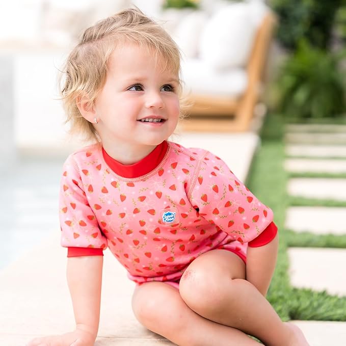 Splash About Happy Nappy Wetsuit, Swimsuit for Babies & Toddlers with Built-in Swim Diaper (Strawberry Field, 6-14 Months)