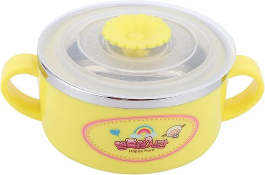 Zerodis 304 Stainless Steel Toddler Bowl with Double Layer Heat Insulation, Cartoon Design, Lid and Handles - Feeding Tableware (Yellow)