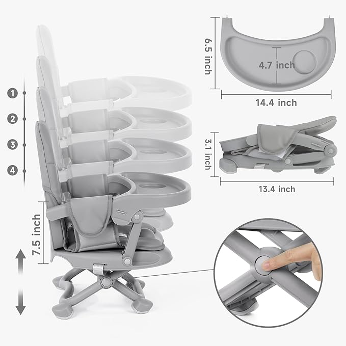 YOLEO Baby High Chair Booster Seat for Dining Table, Foldable High Chairs with Adjustable Heights, Travel Booster Seat with Removable Tray