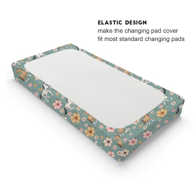 Watercolor Horse Boho Floral Changing Pad Cover Cute Horses Baby Diaper Change Table Pad Cover for Boys Girls Soft Breathable Stretch Snug Fitted Diaper Changing Mat Sheets Covers 32''x16'' Green