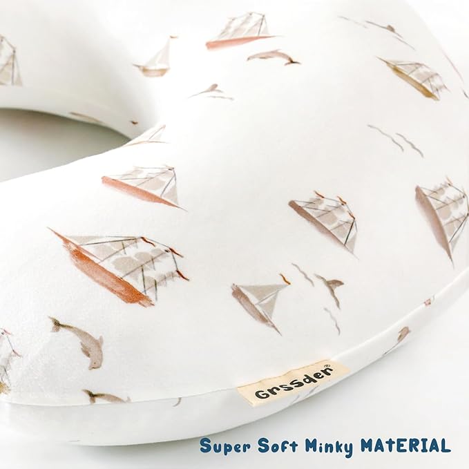 GRSSDER Nursing Pillow Cover, Stretchy Soft Minky Fabric Covers, Fit Most Nursing Support Pillows for Breastfeeding, Comfortable Safe Pillow Cover, Sailboat