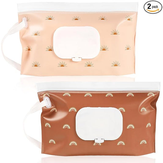 FEBSNOW 2 Pack Baby Wipes Dispenser, Portable Refillable Wipe Holder Baby Wipes Container Travel Wipes Case Reusable Boho Wet Wipes Pouch