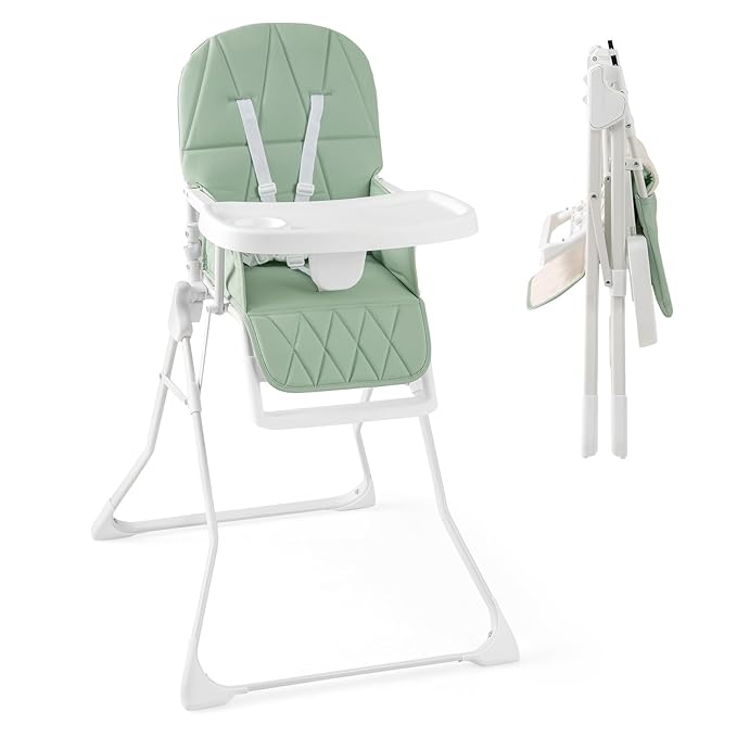 HONEY JOY High Chair, Foldable Baby Feeding Chair, Adjustable Tray & Footrest, Removable Easy-to-Clean PU Seat Cushion, 5-Point Harness, Cup Holder, Highchairs for Babies and Toddlers (Green)