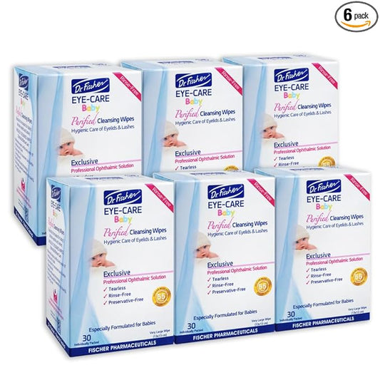 Purified, Non Irritating, Tear Free, Hypoallergenic & Sensitive Approved Baby Eyelid Wipes by Dr. Fischer – Pre-moistened, Rinse Free and Pediatrician Recommended (6)