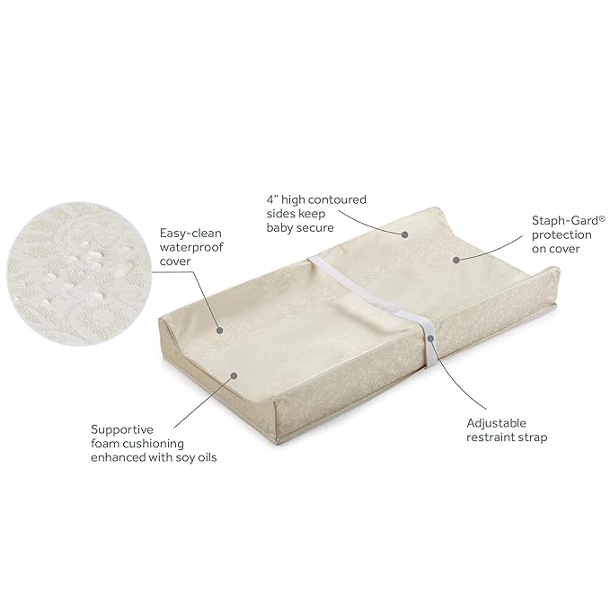 Sealy Baby Antibacterial Waterproof 2 Sided Contoured Diaper Changing Pad for Dresser or Table, Durable Easy to Clean Surface, Supportive Soybean Enhanced Foam, Made in USA, White, 32x16"