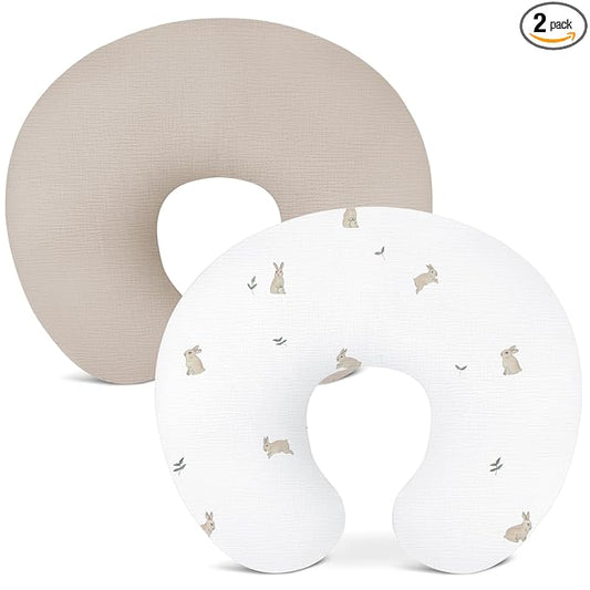 Nursing Pillow Covers 2 Pack, Muslin Nursing Cover for Breastfeeding Pillows, Comfortable for Baby Girls and Boys (Rabbit-A & Beige)