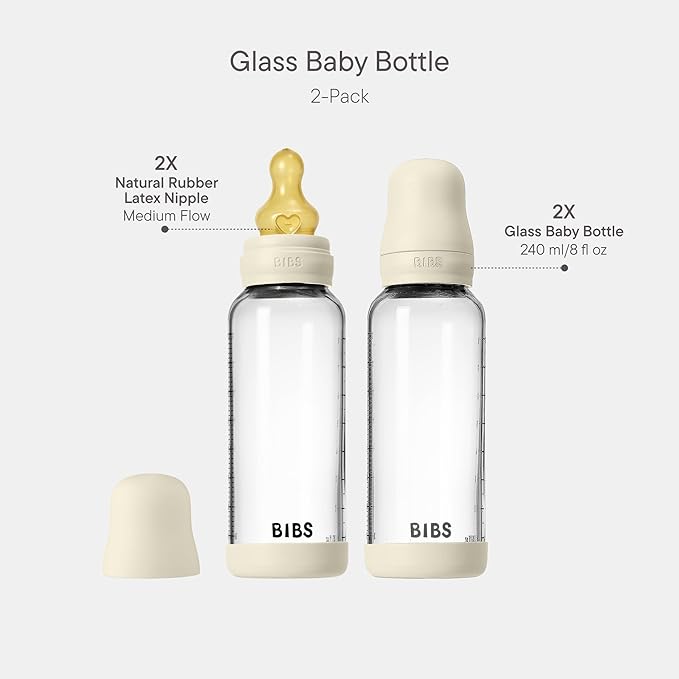 BIBS Glass Baby Bottles 2-Pack, 8.1 Oz. Anti-Colic System for Gas Reduction. Vented Round Natural Rubber Latex Nipple. Supports Infant and Newborn Breastfeeding - 240 ml (Pack of 2), Ivory