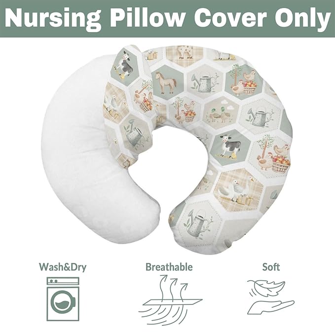 Farm Party Nursing Pillow Covers for Boy Girl Farm Cow Pig Horse Duck Chick Meadow Tractor Nursery Pillow Slipcover for Breastfeeding Pillows Farm Animals Life Soft Stretchy Cover for Newborn Infant