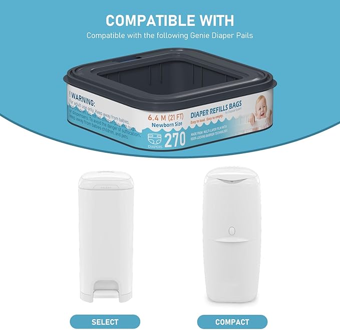 Standard Square Refills Disposal Bags Refill Compatible with Diaper Genie Classic, Compact and Select Pails, Hold Up to 270 Newborn-Sized Diapers Per Refill, Pack of 6
