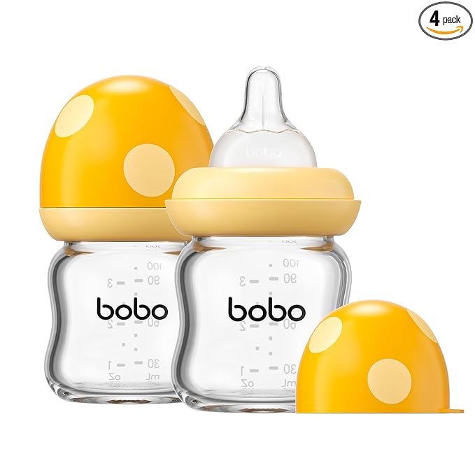 YOHKOH Natural Glass Baby Bottle with Level 1 Slow Flow Nipple, Newborn Anti-Colic Baby Bottles, Wide Neck Mushroom Baby Glass Bottle (Yellow, 3.4oz (Pack of 2))