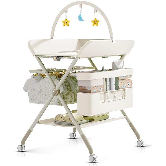 Changing Table, Portable Baby Changing Table with Wheels, Upgraded Foldable Diaper Changing Station with 5-Level Adjustable Height & Large Nursery Organizer Storage for Newborn Infant (Beige)